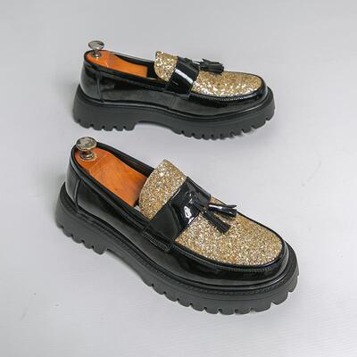 商务休闲男士流苏皮鞋厚底内增高欧美复古潮鞋子亮皮发型师豆豆鞋