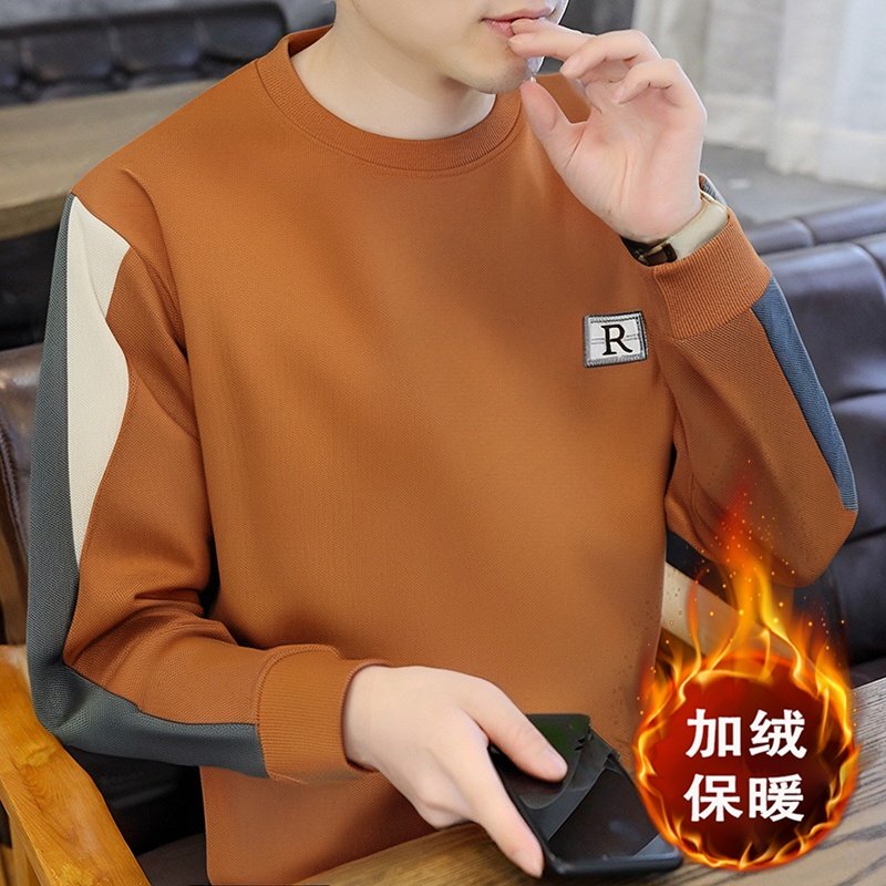 男士潮流保暖圆领卫衣2025秋冬季新款加绒加厚打底衫宽松男装上衣
