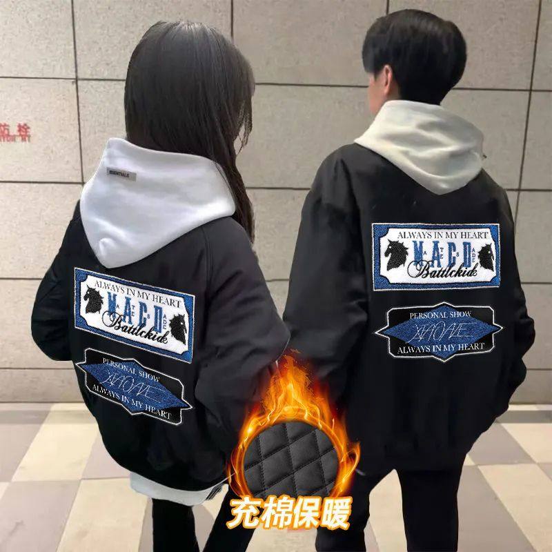 秋冬加厚保暖美式潮流复古飞行员印花夹克男女情侣外套棒球服棉衣