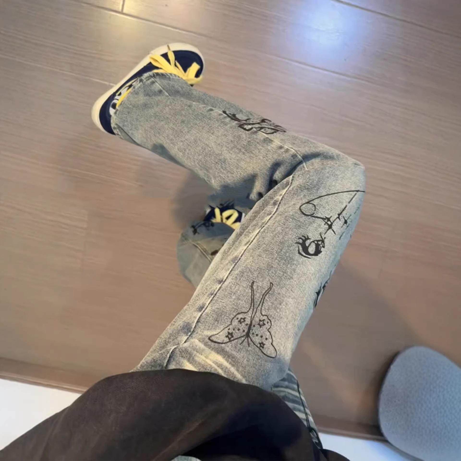 美式高街vibe裤子水洗涂鸦闪夏季牛仔裤男装修身直筒弯刀微喇长裤
