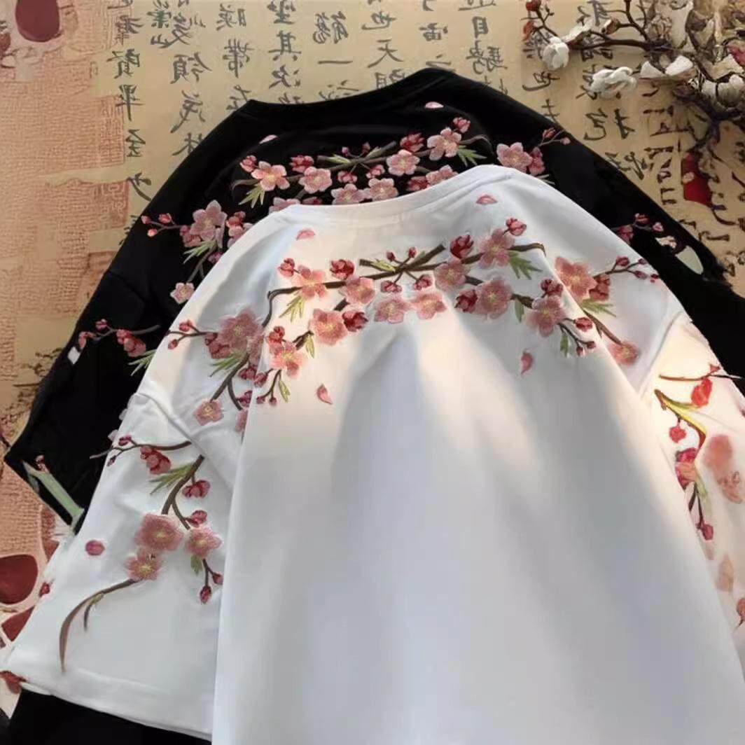 新中式国风刺绣梅花卉短袖T恤男女款高级感潮牌纯棉重磅半袖体恤
