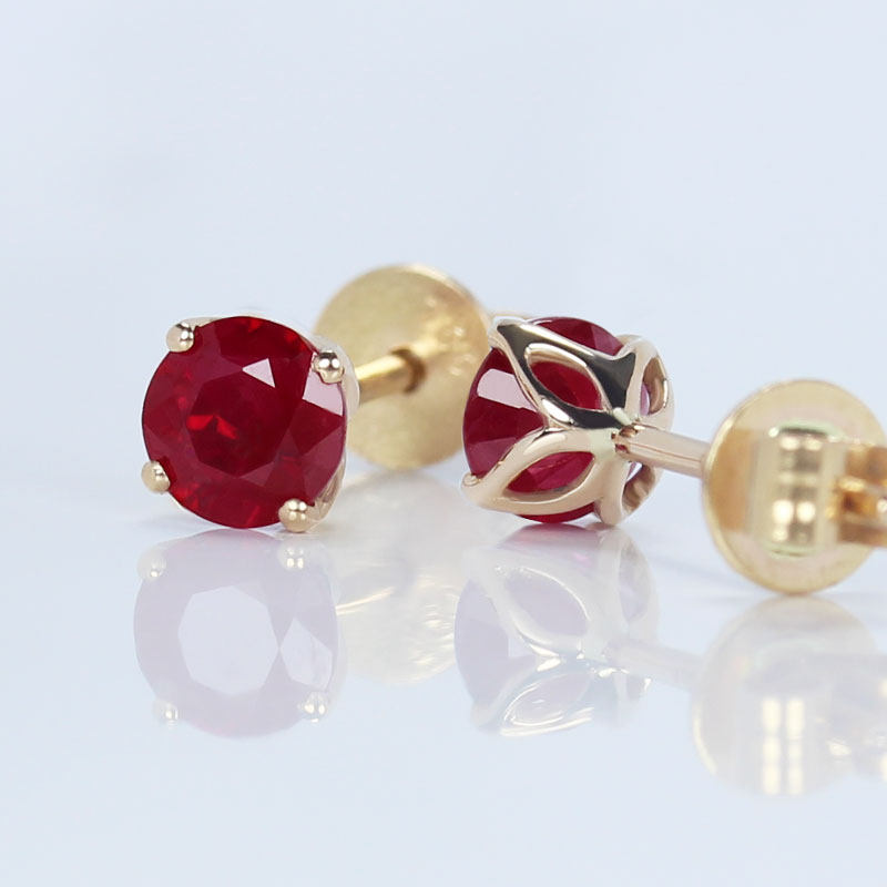 18k玫瑰金天然鸽血红宝石圆形耳钉 简约时尚花瓣四爪女款耳环正品