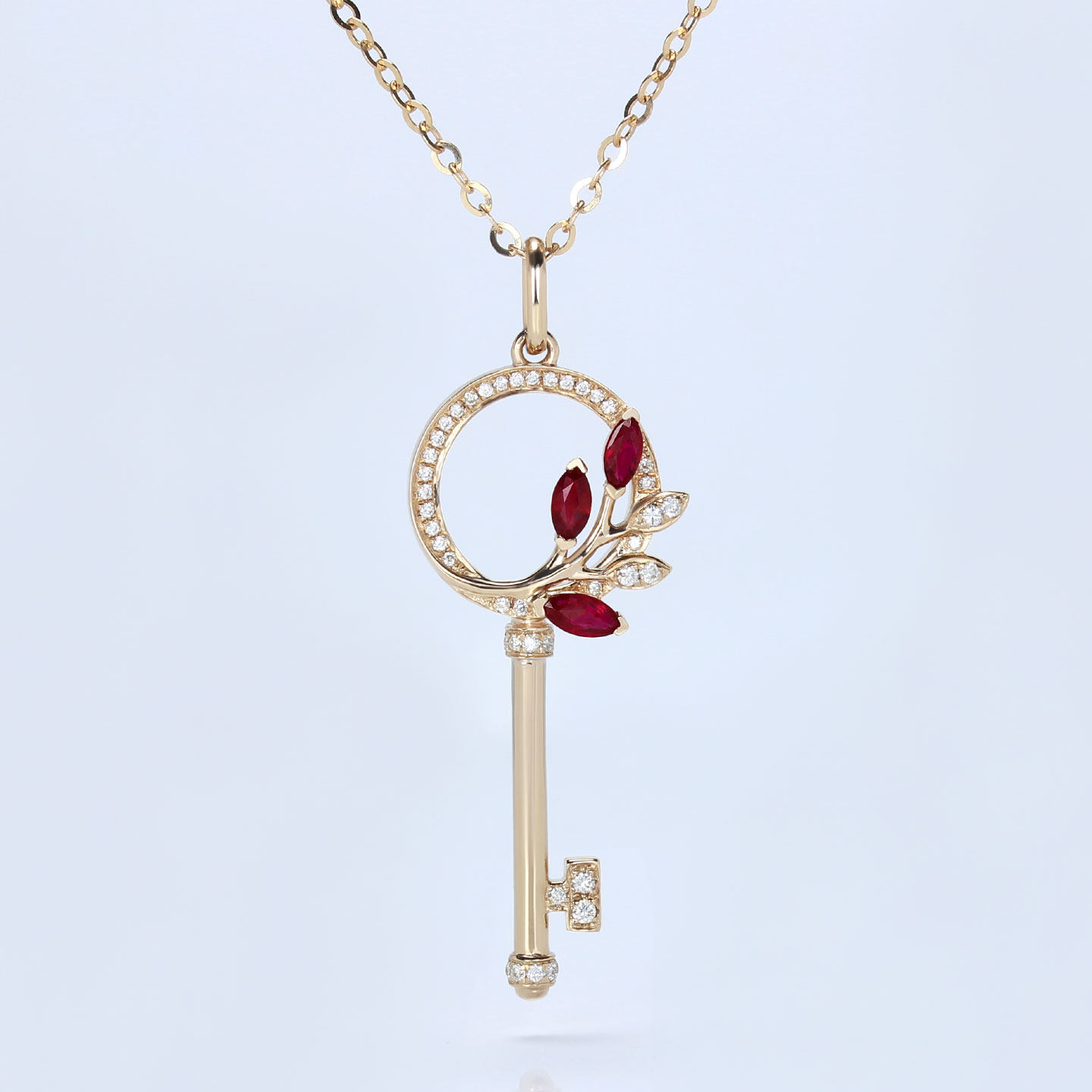 18K玫瑰金天然鸽血红宝石钥匙吊坠 彩金镶钻石花藤毛衣锁骨链女款