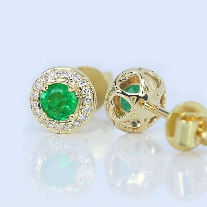 18K黄金无染色油天然祖母绿圆形耳钉 赞比亚绿宝石钻石耳环正品女