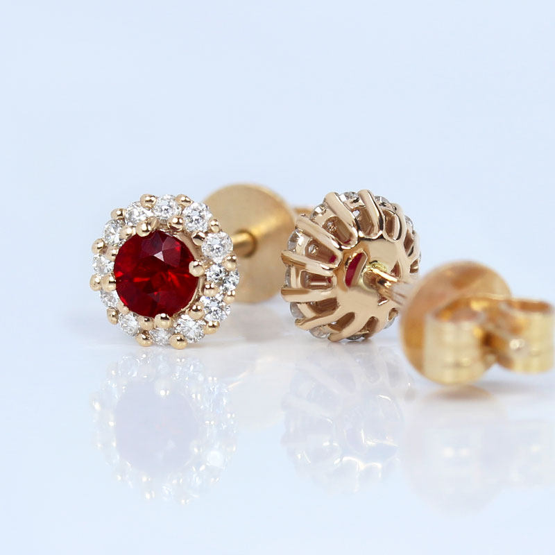 糖芯18K玫瑰金天然鸽血红宝石戴妃款小耳钉 精品正红色高火彩钻石