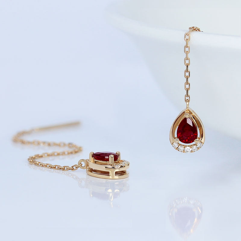 18K玫瑰金天然鸽血红宝石水滴形耳线耳坠 彩金镶真钻石耳钉女显瘦