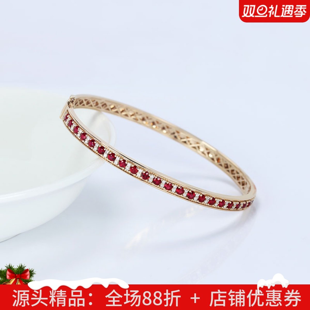 18K玫瑰金天然鸽血红宝石镶钻石手镯 彩金活口手圈女款可定制正品