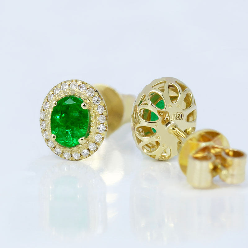18K黄金天然祖母绿镶钻石椭圆形耳钉 彩金翠亮绿色宝石耳环女款