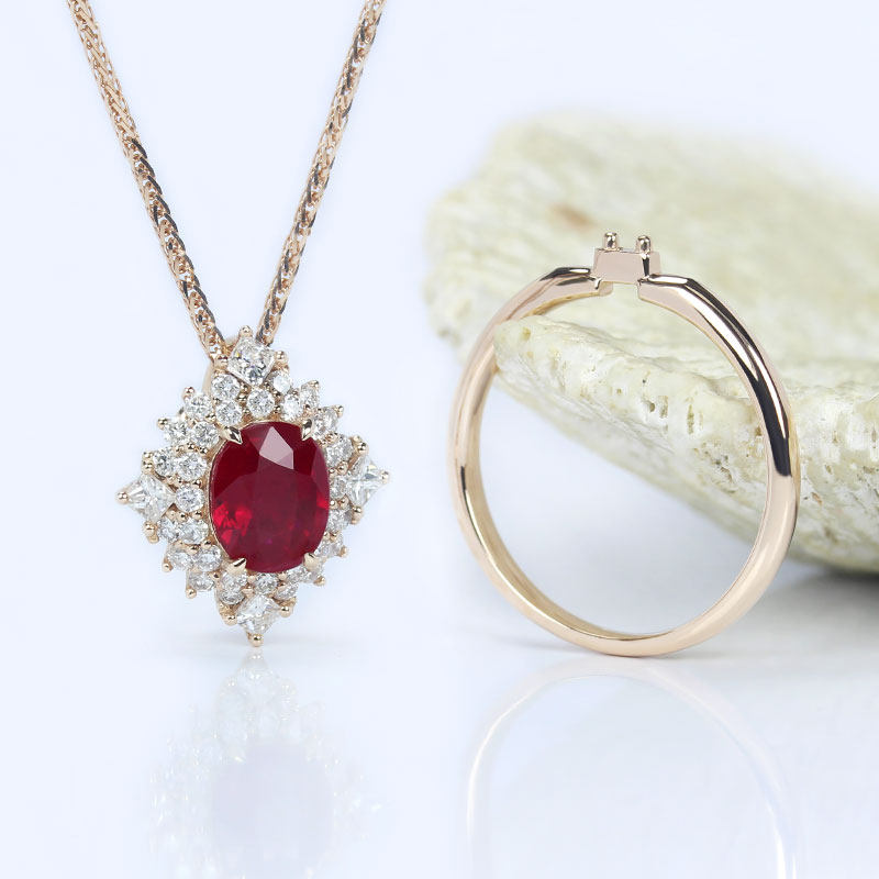 G18K玫瑰金缅甸天然鸽血红宝石戒指两用款 天然钻石吊坠项链女款