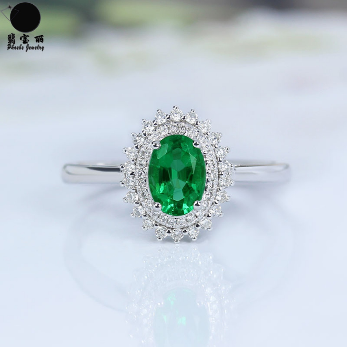 18K白金綠寶石祖母綠戴妃款戒指