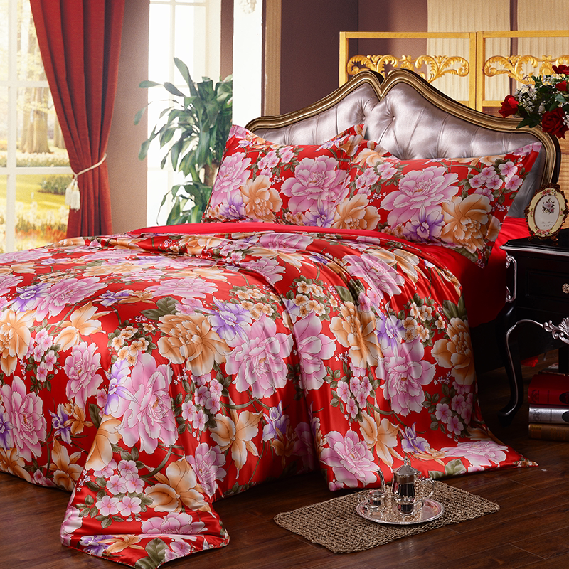 淮远丝坊真丝丝绸印花四件套 双面真丝丝绸被套 100%桑蚕丝四件套