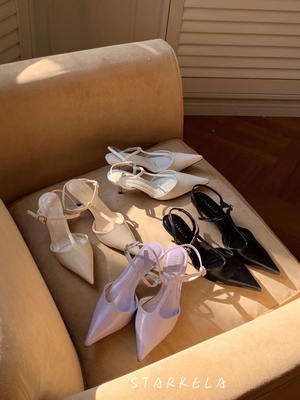 StarKeLa包头凉鞋女2026春高跟金属细跟尖头后空浅口T型扣带单鞋