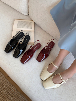 StarKeLa春新款光亮面方头包头凉鞋女搭扣带玛丽珍低跟小皮鞋单鞋