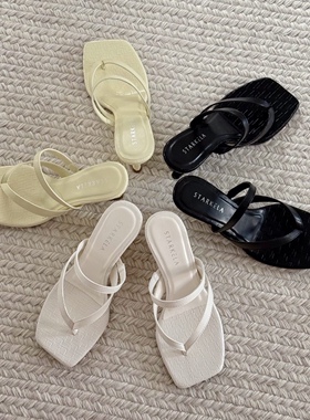 StarKeLa2026夏纯色编织高跟方头坡跟夹脚趾人字拖外穿细带凉拖女