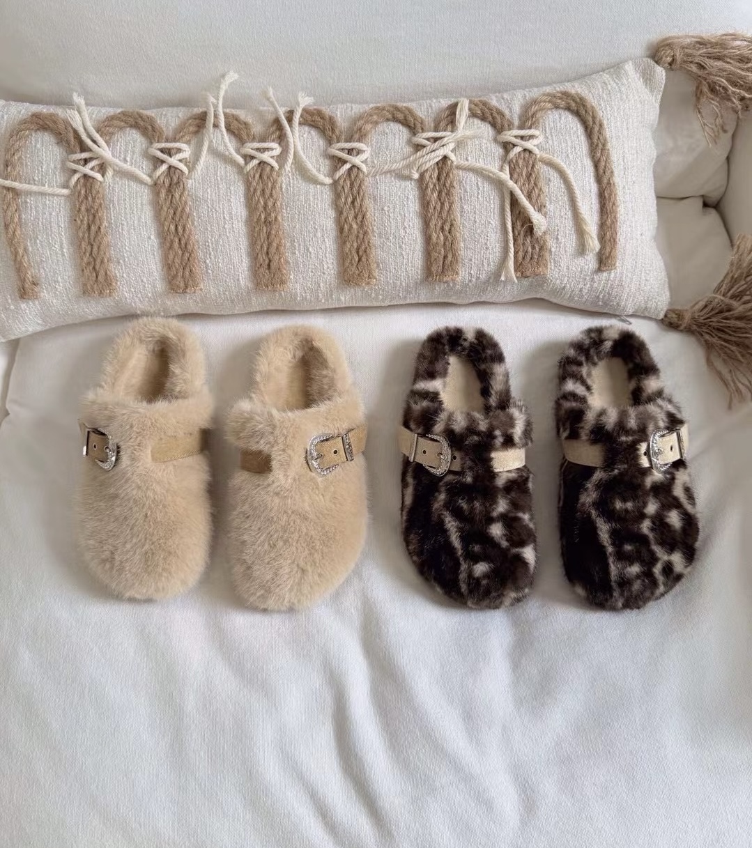 StarKeLa2025新款时尚豹纹皮带扣外穿一脚蹬包头懒人鞋毛毛拖鞋女