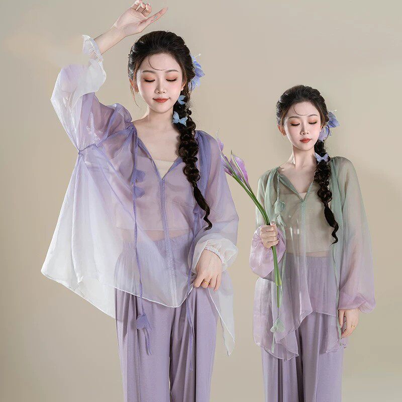 古典舞练功服女仙气飘逸渐变色长袖纱衣民族风演出服艺考舞蹈服装图片