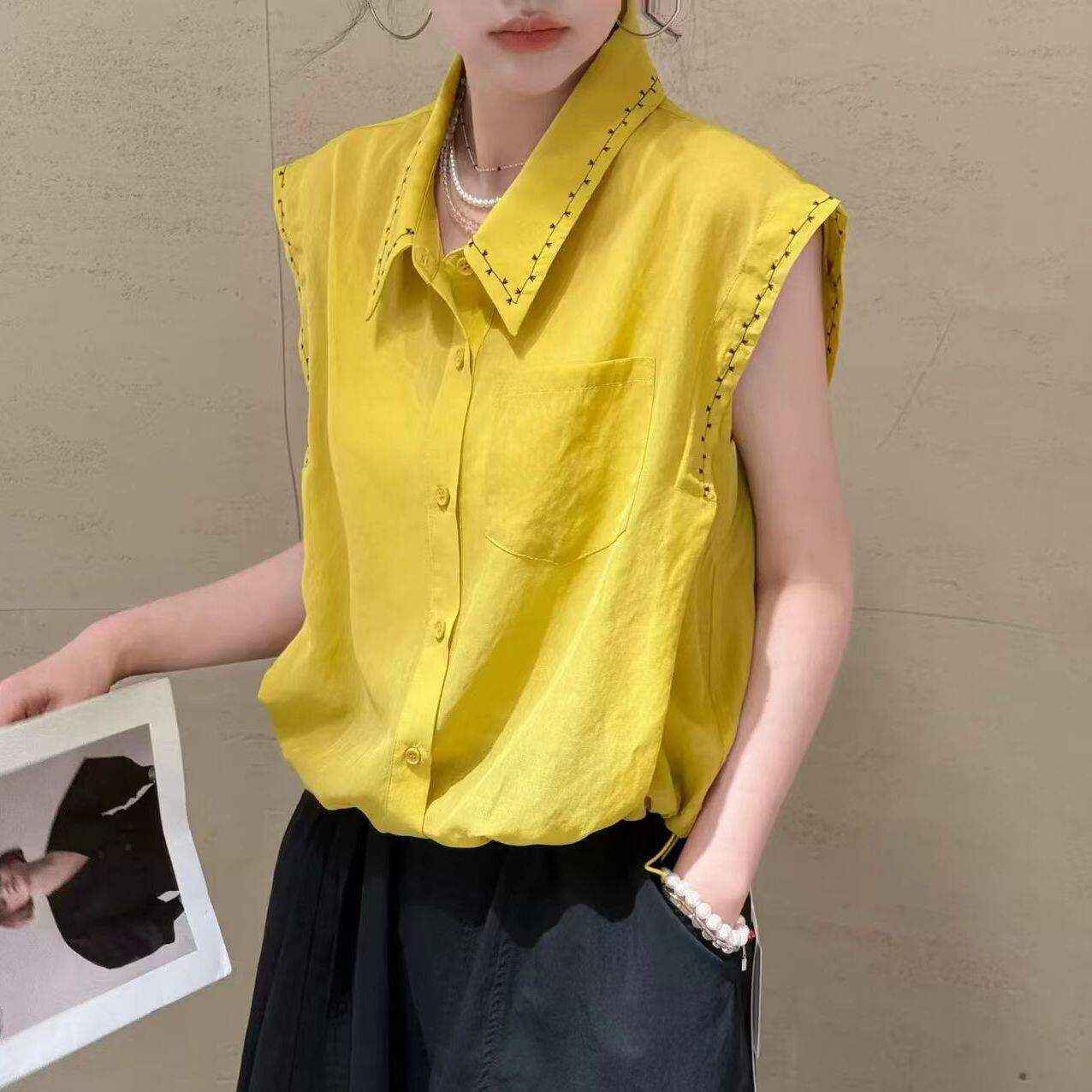 韩版polo领无袖衬衫女2026夏季新款明线装饰百搭显瘦时尚气质小衫