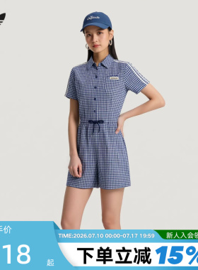 adidas阿迪达斯三叶草格子呢长裙2026夏女拉绳收腰连衣裙 KU9400