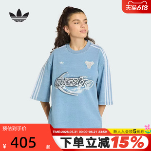 adidas阿迪达斯三叶草棉质牛仔布大号半袖丝印图案短袖T恤 KZ5011