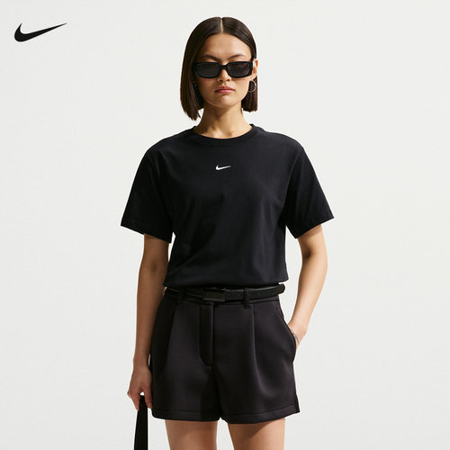 NIKE耐克短袖女夏季印花小标宽松棉质黑色圆领运动T恤IH7602-010