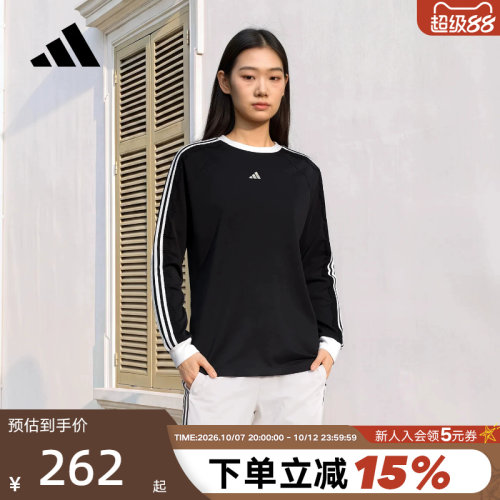 adidas阿迪达斯上衣秋女棉质休闲黑三条纹舞动系列长袖T恤 LD8222