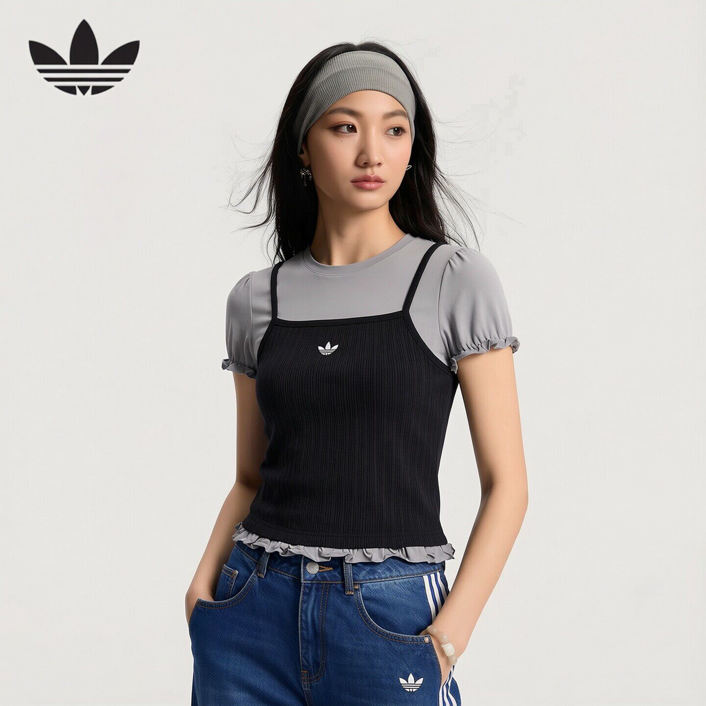 adidas阿迪达斯三叶草花边下摆泡泡袖半袖2026春女短袖T恤