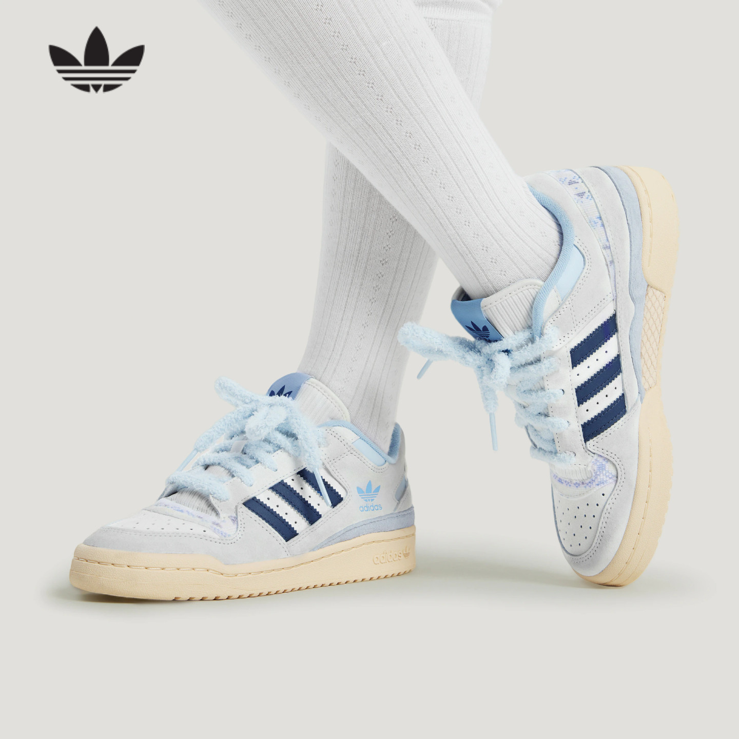 adidas阿迪达斯三叶草毛绒鞋带女春秋FORUM LOW篮球风板鞋 KJ4299