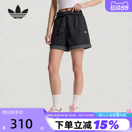 adidas阿迪达斯三叶草热裤2026秋女休闲棉质黑色牛仔短裤 LF4601