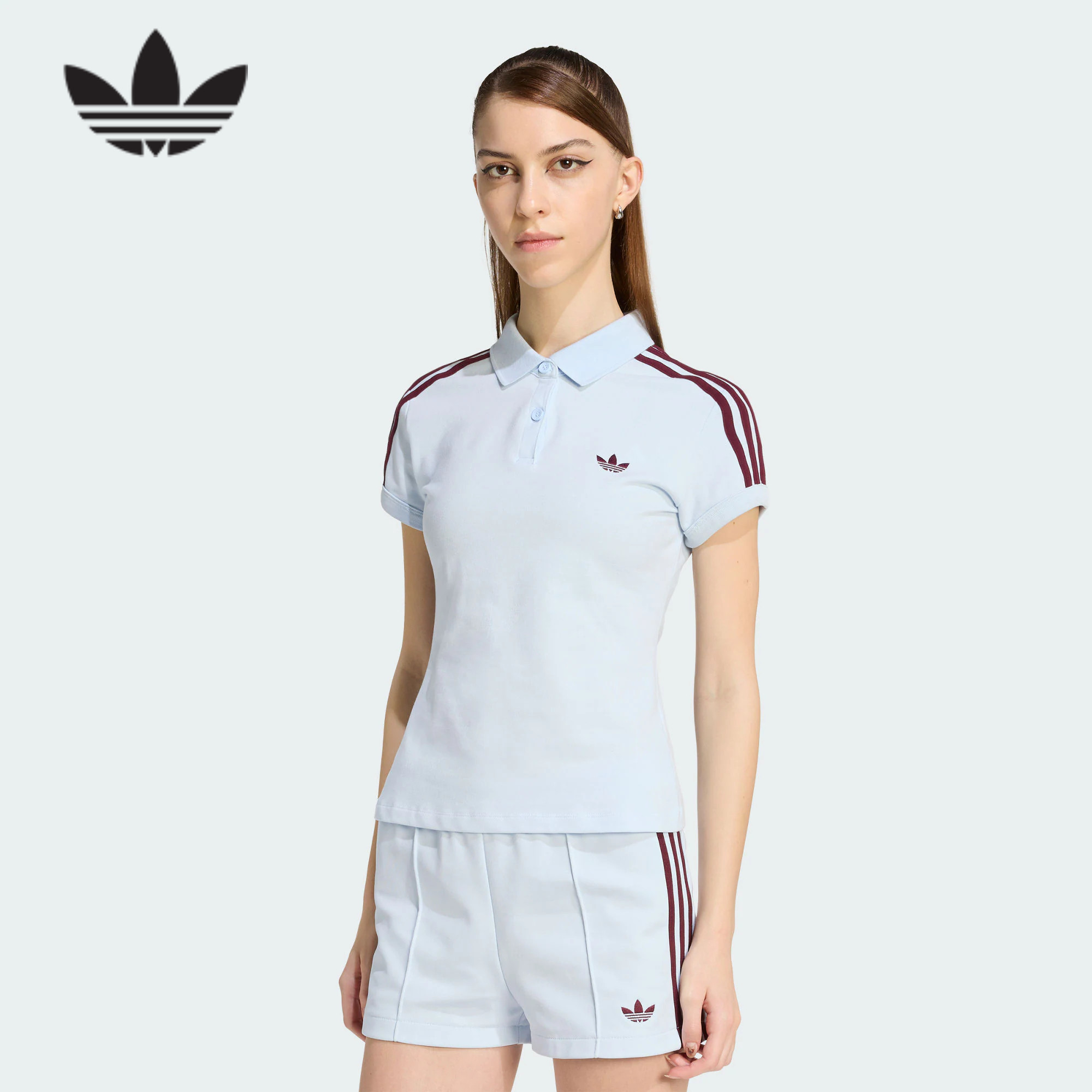 adidas阿迪达斯三叶草翻领POLO衫夏女三条纹修身短袖T恤 KD3698