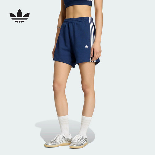 adidas阿迪达斯三叶草三条纹毛圈布跑步运动裤女针织短裤 KG3696