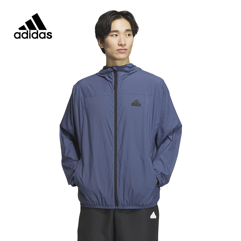 Adidas阿迪达斯防风衣男子夏季新款蓝色连帽梭织外套夹克 IT3941