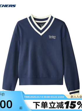 斯凯奇秋女针织套头衫V领卫衣休闲运动上衣 L324W023/002Z