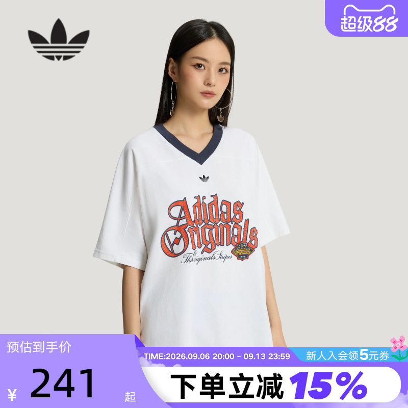 阿迪达斯三叶草V领橄榄球风大号oversized半袖夏女短袖T恤 KT3062图片
