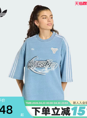adidas阿迪达斯三叶草棉质牛仔布大号半袖丝印图案短袖T恤 KZ5011