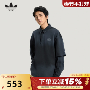 adidas阿迪达斯棉质假两件黑色渐变POLO衫2026春男长袖T恤 KR5053