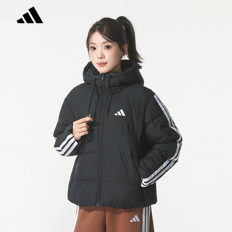 adidas阿迪达斯三条纹短款鸭绒羽绒服秋女连帽保暖夹克KH39