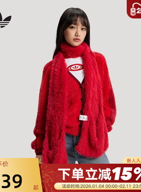 adidas阿迪达斯三叶草马年新年款红色毛绒口袋围脖女围巾KH0284