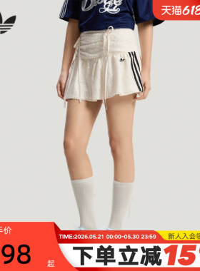 adidas阿迪达斯三叶草缎带蕾丝百褶A字短裙白色夏女半身裙 KU4760