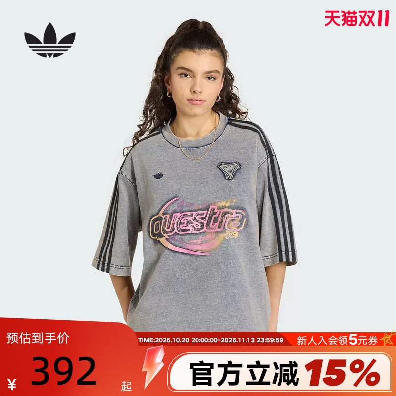 adidas阿迪达斯三叶草棉质牛仔布大号半袖丝印图案短袖T恤 KZ5012