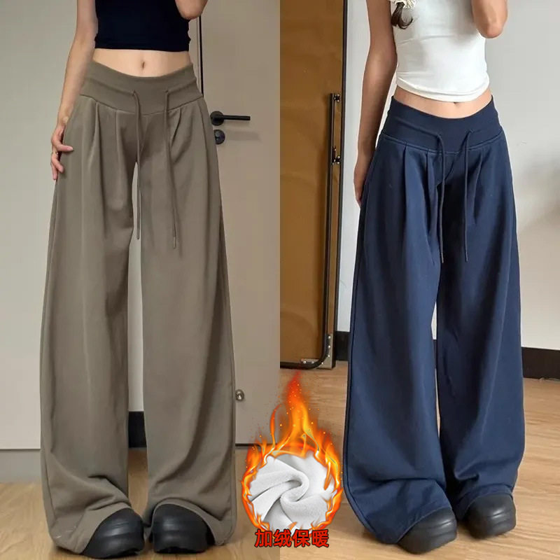 美式复古运动裤女2025新款宽松显瘦直筒垂感休闲小个子加绒阔腿裤