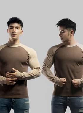 秋冬运动长袖双面德绒半高领/圆领撞色插肩保暖打底T恤健身训练服