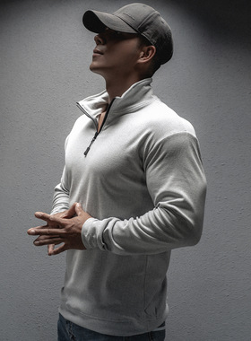 美式立领POLO衫运动长袖男士半拉链打底衫休闲上衣跑步健身训练服