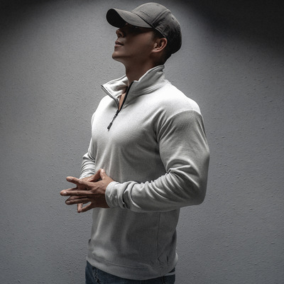 立领POLO衫运动长袖男士半拉链