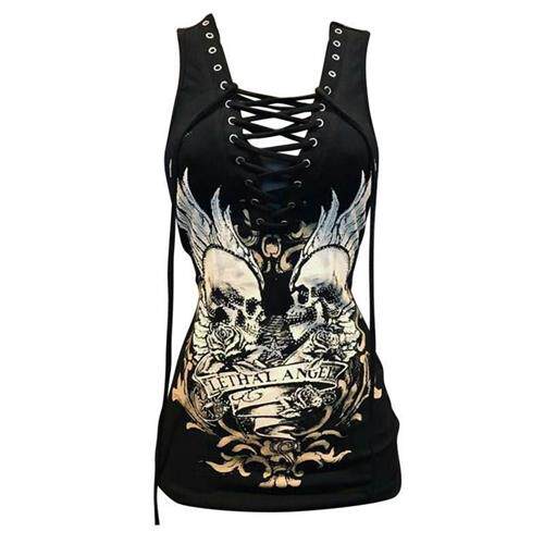 Skull Print Strap Tank Top T-shirt Top骷髅印花绑绳背心上衣女
