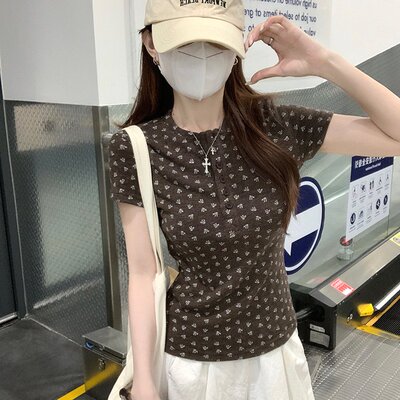 实拍270克原版布料短袖t恤女装夏季新款韩系碎花亨利衫领上衣