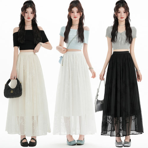 温柔风网纱刺绣A字半身裙女2026夏季新款宽松显瘦A字中长款裙