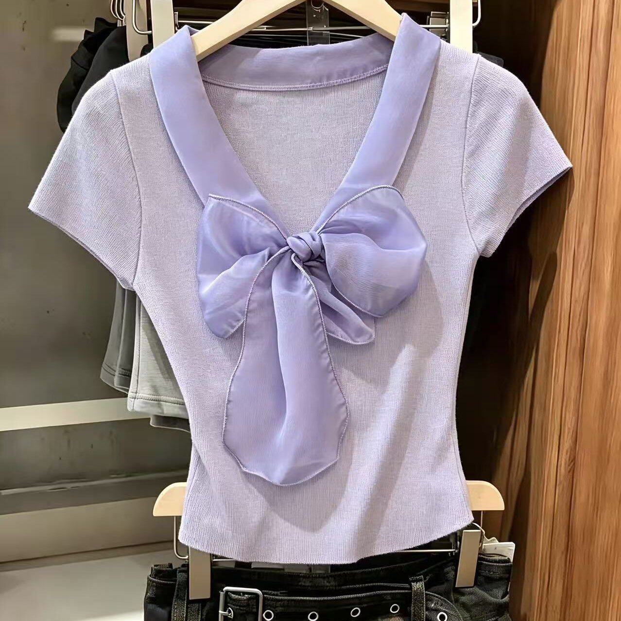 实拍紫色蝴蝶结v领短袖t恤女夏小个子短款显瘦正肩设计感上衣chic