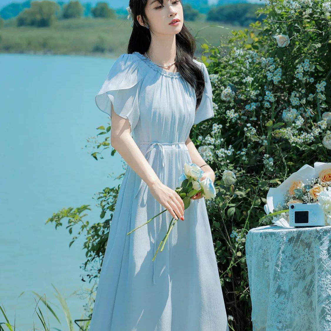 夏季新款连衣裙法式甜美花瓣袖高腰系带显瘦连衣裙设计感气质长裙