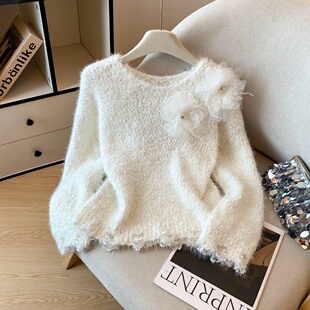 实拍工艺高级感钉珠立体花朵毛衣女秋冬新款 慵懒软糯外穿百搭上衣