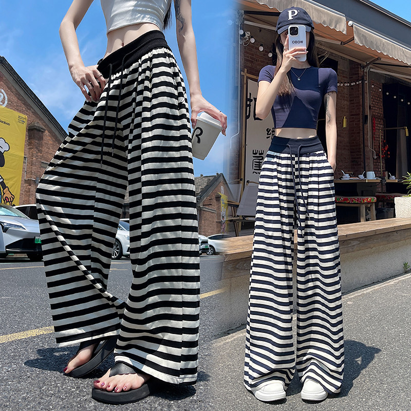 实拍今年流行爆款2026夏季新款高腰条纹休闲裤女阔腿裤显瘦长裤子